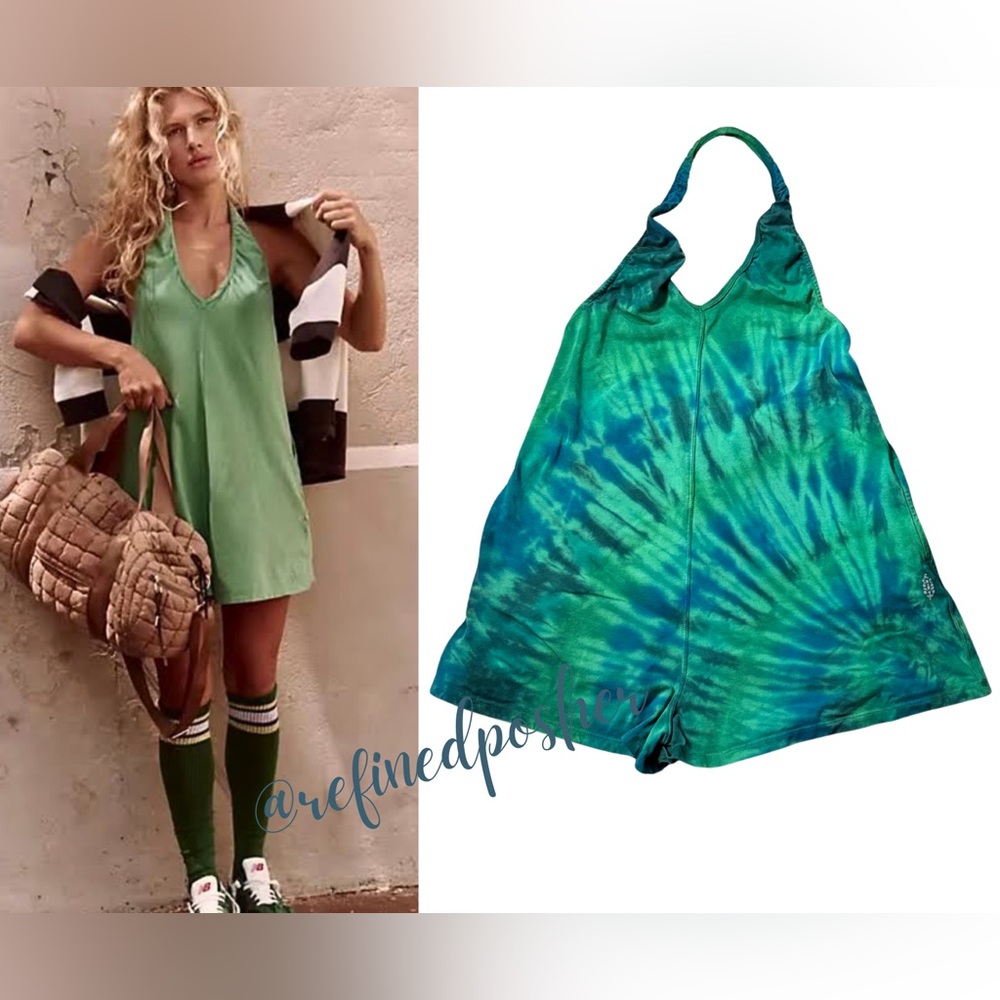 Free People Movement Hot Shot Halter Romper size Small NEW Green Tie Dye